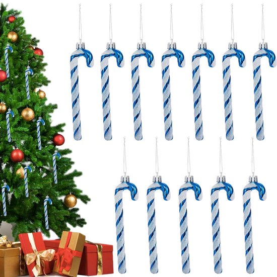 18 stuks kerstdecoraties snoepstok 13 cm glitter blauw wit en