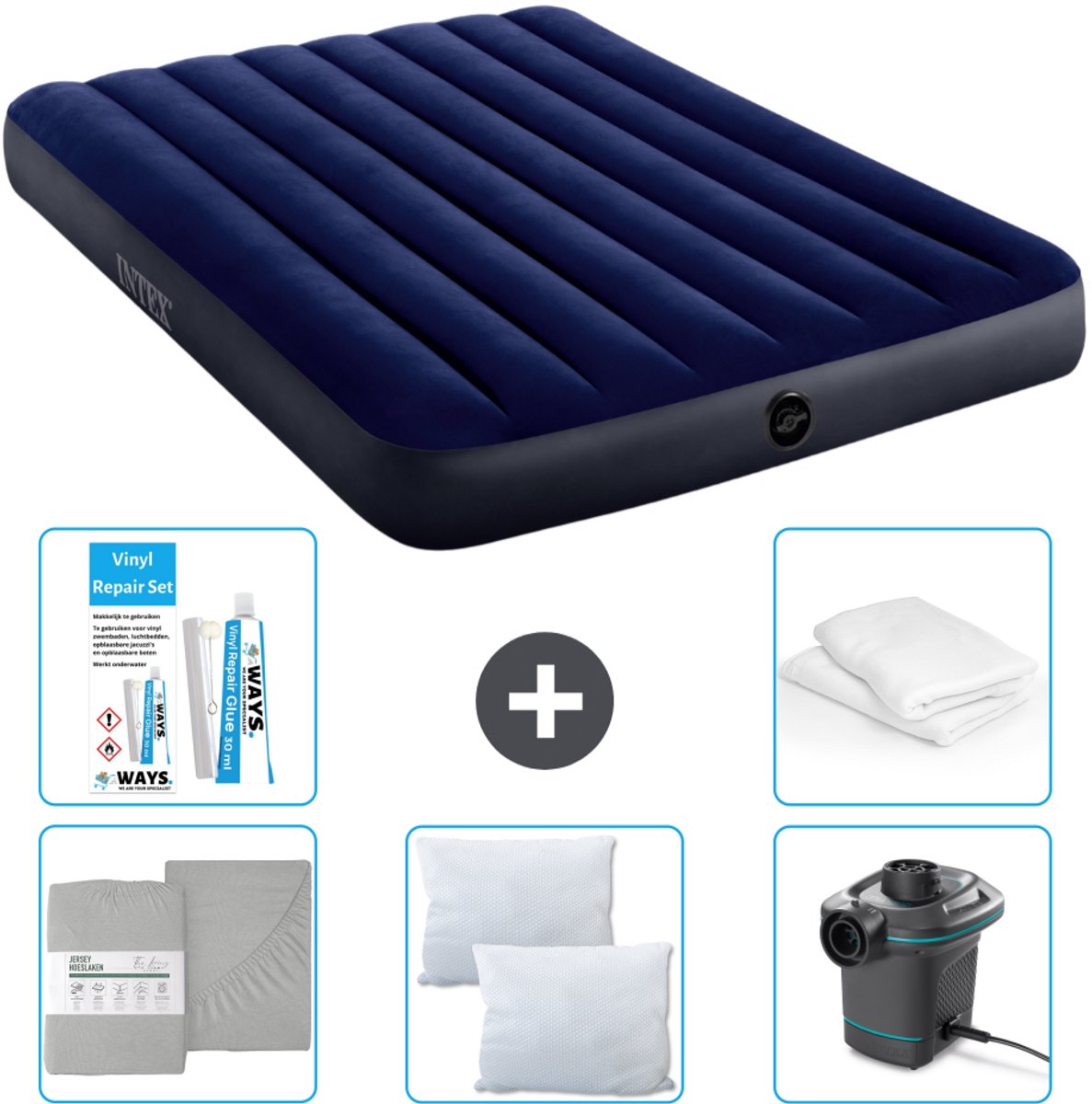 Intex Luchtbed - Twijfelaar - 137 x 191 x 25 cm - Blauw - Inclusief Hoeslaken - Kussen - Pomp - Reparatieset en Kussenbeschermer