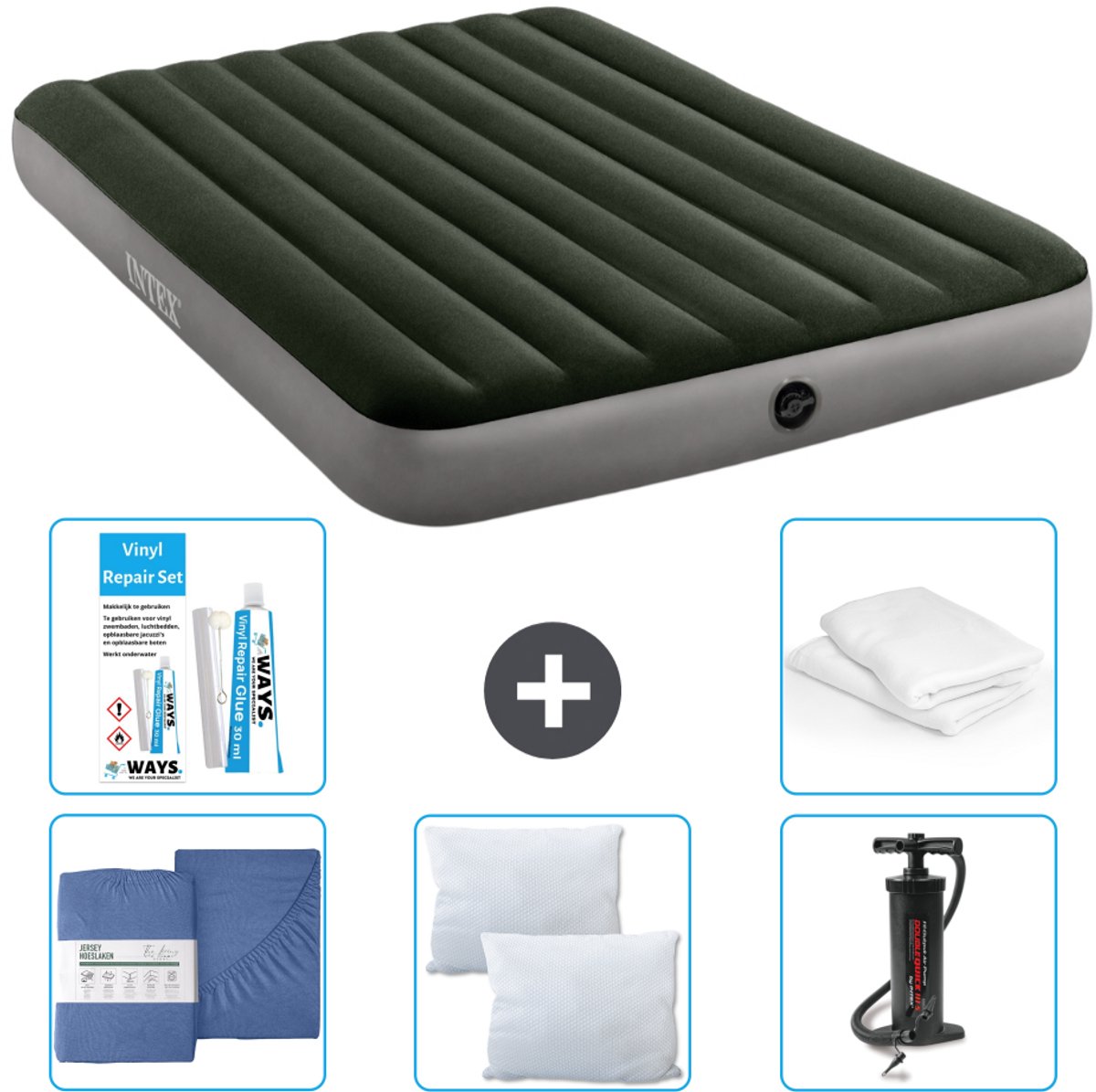 Intex Luchtbed - 2-Persoons - 152 x 203 x 25 cm - Groen - Inclusief Hoeslaken - Kussen - Pomp - Reparatieset en Kussenbeschermer