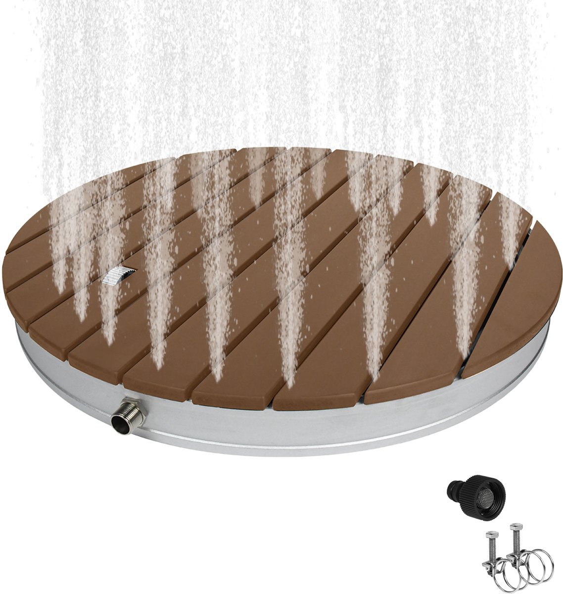Froadp Douche de jardin, de camping, en aluminium et WPC, couleur bois, avec surface antidérapante, diamètre : 70 cm, résistante aux intempéries, aspect bois, pour tuyaux d'arrosage standard, ronde