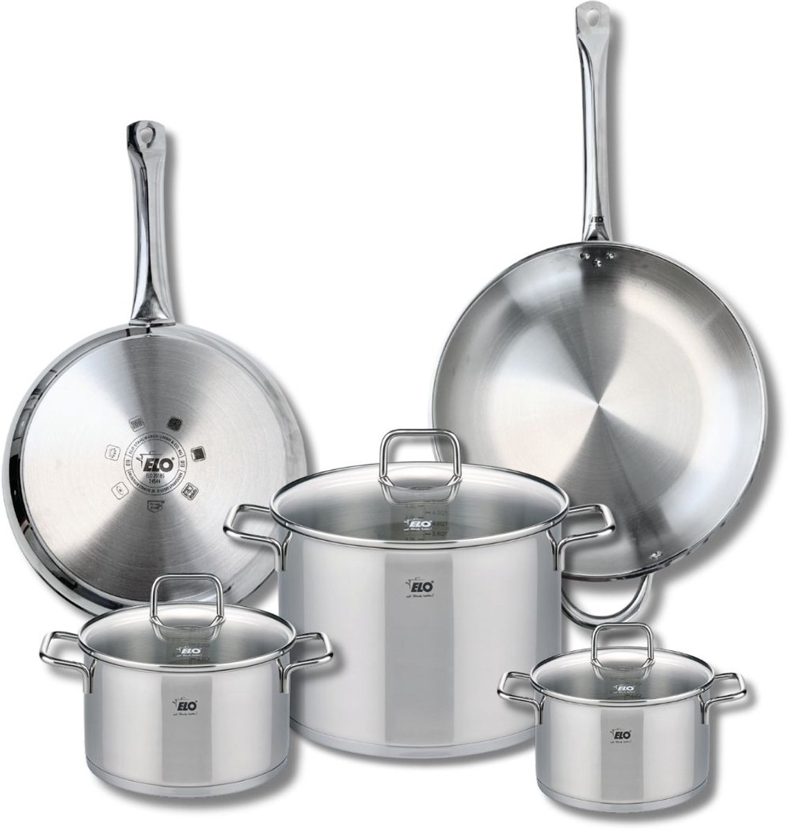 Set van 2 Koekenpannen 28 en 32 cm en 3 Kookpotten 16, 20 en 26 cm Elo Profi Citrin