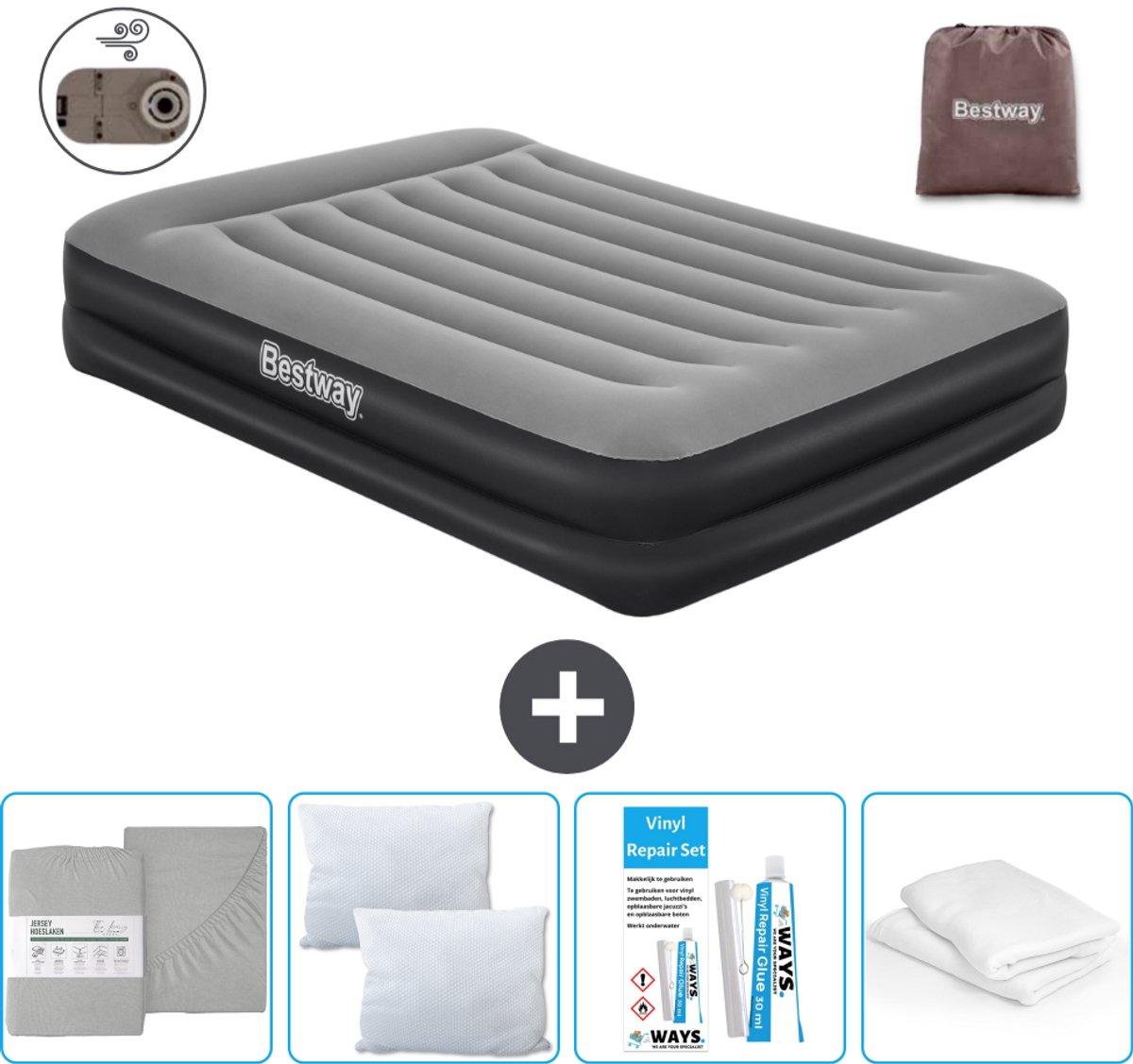 Bestway luchtbed - 2-Persoons - 152 x 203 x 46 cm - Grijs - Inclusief pomp - Hoeslaken - Kussen - Kussenbeschermer en Reparatieset