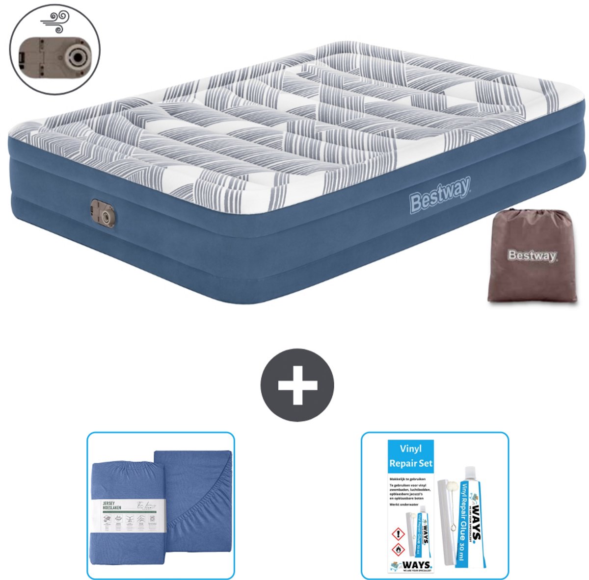 Bestway luchtbed - 2-Persoons - 152 x 203 x 36 cm - Blauw - Inclusief pomp - Hoeslaken en Reparatieset