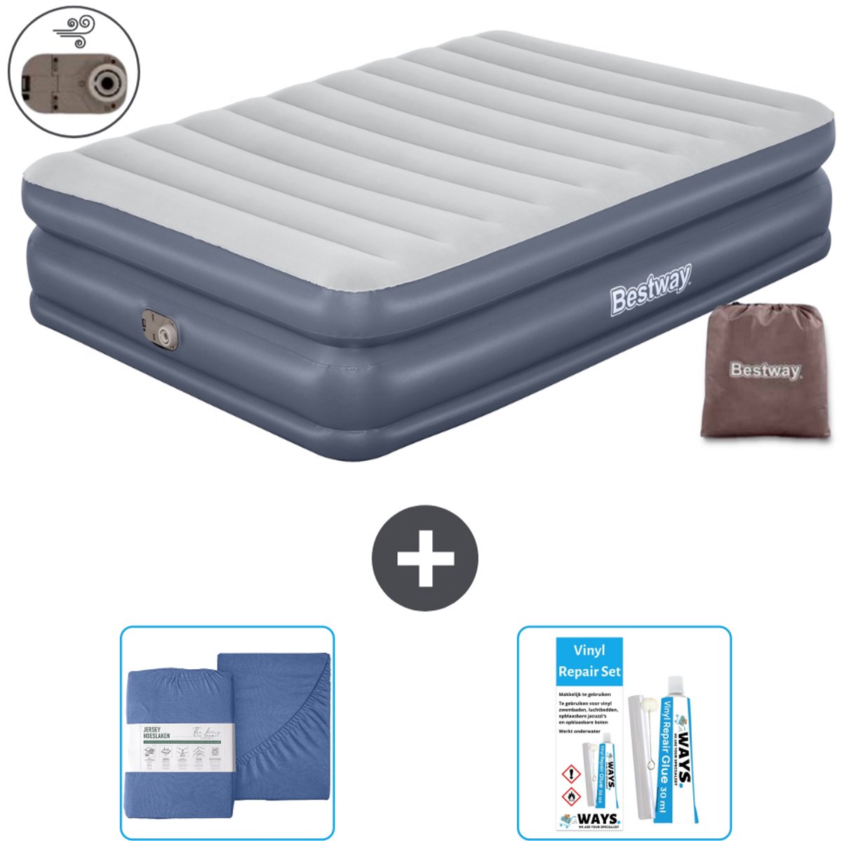 Bestway luchtbed - 2-Persoons - 152 x 203 x 51 cm - Grijs - - Inclusief pomp - Hoeslaken en Reparatieset
