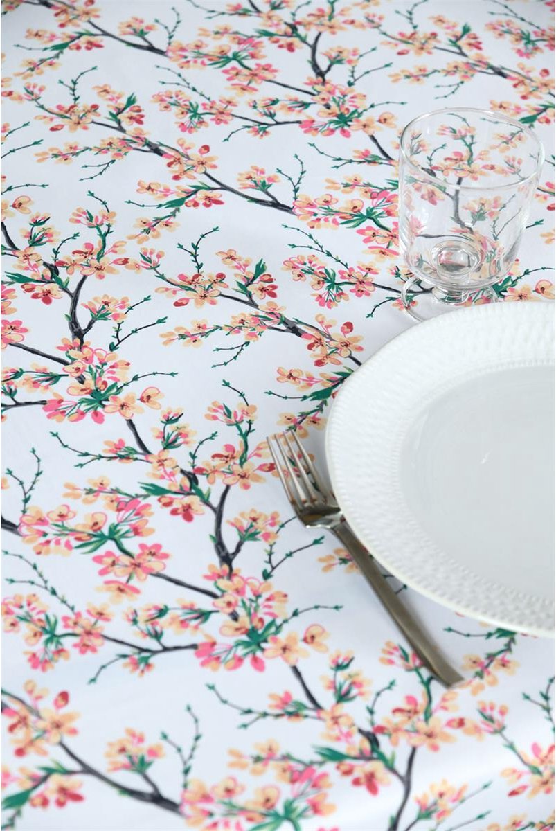 Stof Textiles Tafelkleed - 145 x 240 cm - bloesem - Eettafel tafellakens - polyester stof - tafel dekken - nette afwerking