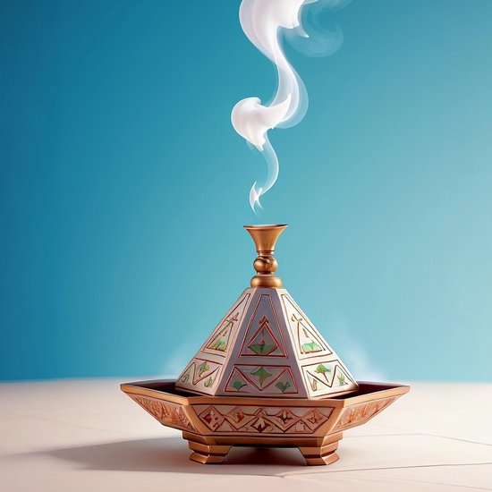 Gouden wierookbrander met geometrische patronen en rode en groene details, met witte rook die opstijgt.