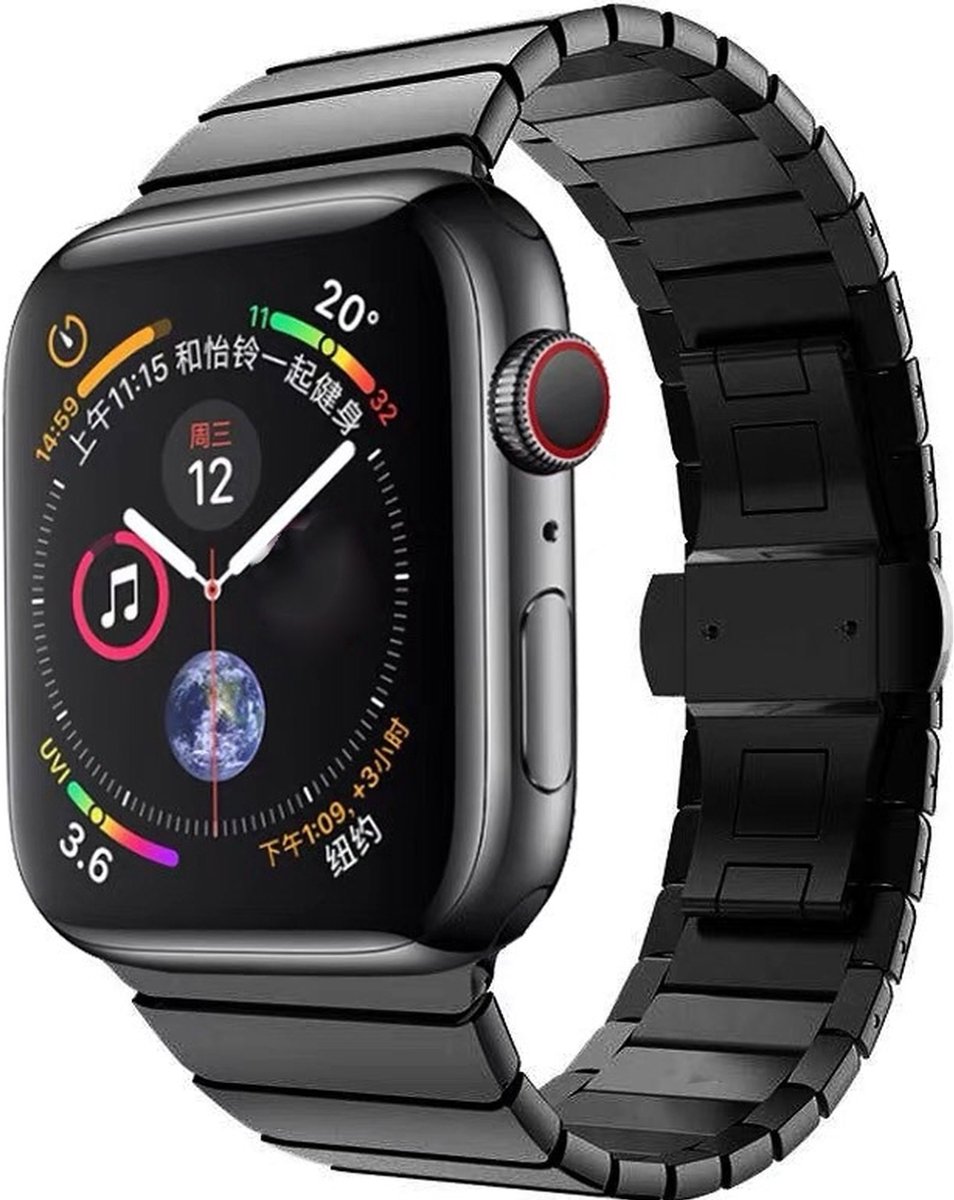 Mobigear Stalen Watch bandje geschikt voor Apple Watch Bandje Vouwsluiting | Mobigear Madrid - 49/46/45/44 mm - Zwart