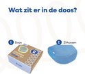 Inhoud van de doos: Een verpakte LIVIN spa zitkussen en het blauwe spa zitkussen zelf.