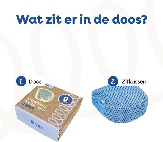 Inhoud van de doos: Een verpakte LIVIN spa zitkussen en het blauwe spa zitkussen zelf.