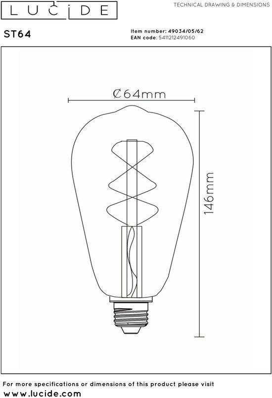 Dessin technique d'une ampoule ST64, dimensions Ø 64 mm et 146 mm.
