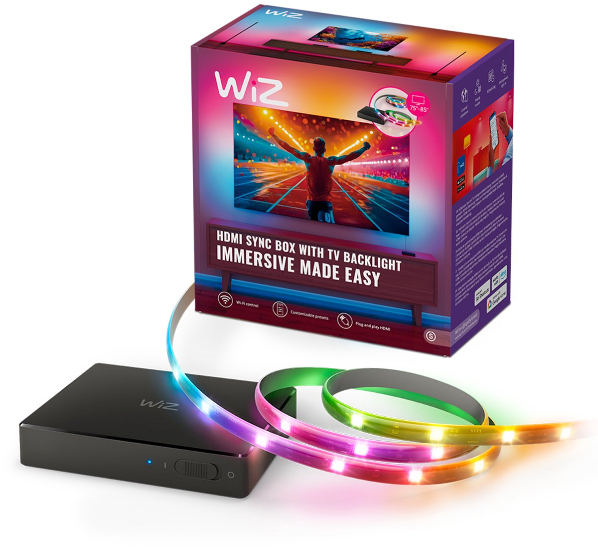 WiZ HDMI Sync Box met TV verlichting - WiZ Entertainment Starterkit - Inclusief RGBIC LED strip voor 75-85 Inch TV's - Synchroniseer je verlichting met films, games en muziek - HDMI 2.0 - 4K ondersteuning bij 60Hz