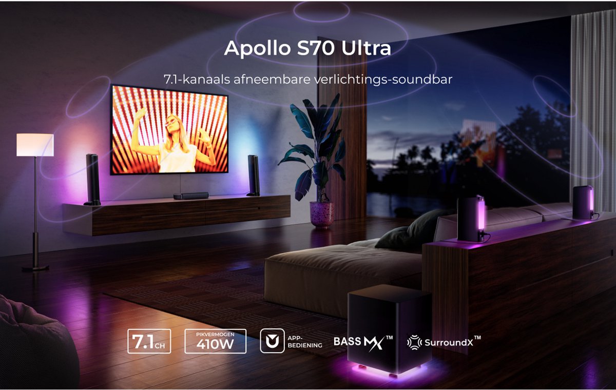 Afbeelding 2 van ULTIMEA 7.1 Soundbar met draadloze subwoofer en achterluidsprekers - RGB-verlichting - Zwart