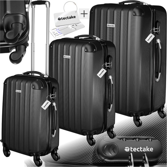 tectake® Ensemble de valises 3 pièces - Valises ABS avec coque rigide - Comprend une balance et des étiquettes à bagages - Serrure à combinaison TSA - Ensemble de bagages avec valise à main (37L) et bagages en soute Grande valise (58L et 93L) - Noir