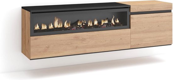 Skraut Home | TV-Meubel, Lowboard | Woonkamer, Eetkamer | 150x45x35cm | Voor tv's tot 65 | Elektrische haard | Moderne stijl | Wit en Zwart