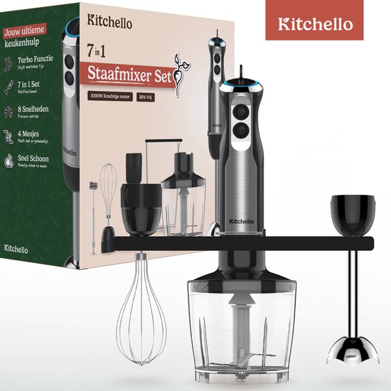 Kitchello - 7 in 1 Staafmixer set - met Hakmolen, Garde, Melkopschuimer, Pureerstaaf en Maatbeker - Soepmaker - Handmixer & Blender - 8 Snelheden - 1000W - Zwart - RVS van Merkloos — afbeelding 5