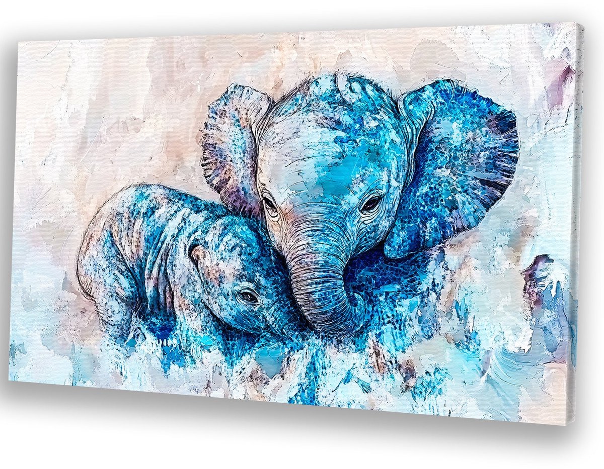 "Moeder en baby olifant in blauw" - Olifanten muurdecoratie - Muurdecoratie canvas dieren - Abstracte kunst - Decoratie voor thuis - Decoratie woonkamer - canvas 100x75 cm