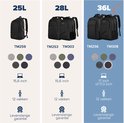 Vergelijking van TRVLMORE rugzakken: 25L, 28L en 36L, met kleuren en specificaties.