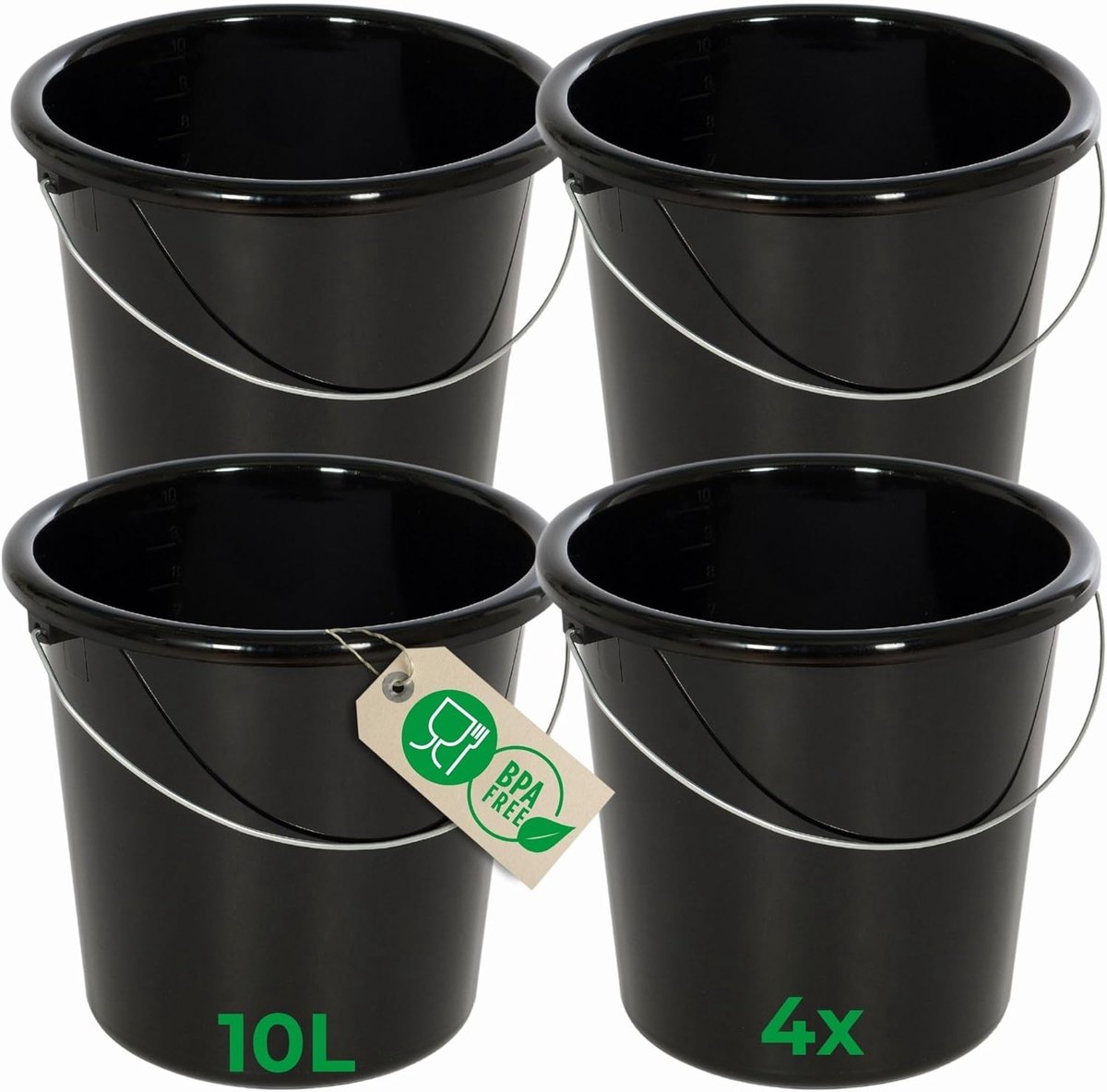 Novaliv 4 stuks emmer 10L zwart met maatverdeling - schoonmaak emmer 10 liter? 28,5 cm Praktische alleskunner met schaalverdeling voor huishouden & tuin ideaal als huishoudemmer, wateremmer, dweilemmer, emmer