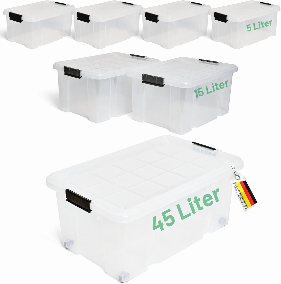 Novaliv 7-delige set opbergdozen met deksel, transparant, 1x45 L + 2x 15 L + 4x 5 L, nestbaar, stapelbaar, clipsluiting, roldozen, BPA-vrij
