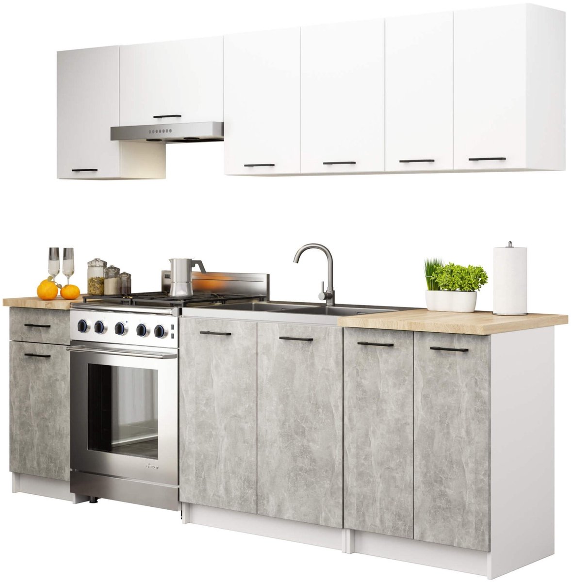 Complete Keuken, Keukenmeubelset OLIWIA met Verkblad 240 cm breed / Keukeneenheid zonder apparatuur / Wit – Beton Grijs / 240 x 203 x 46 cm