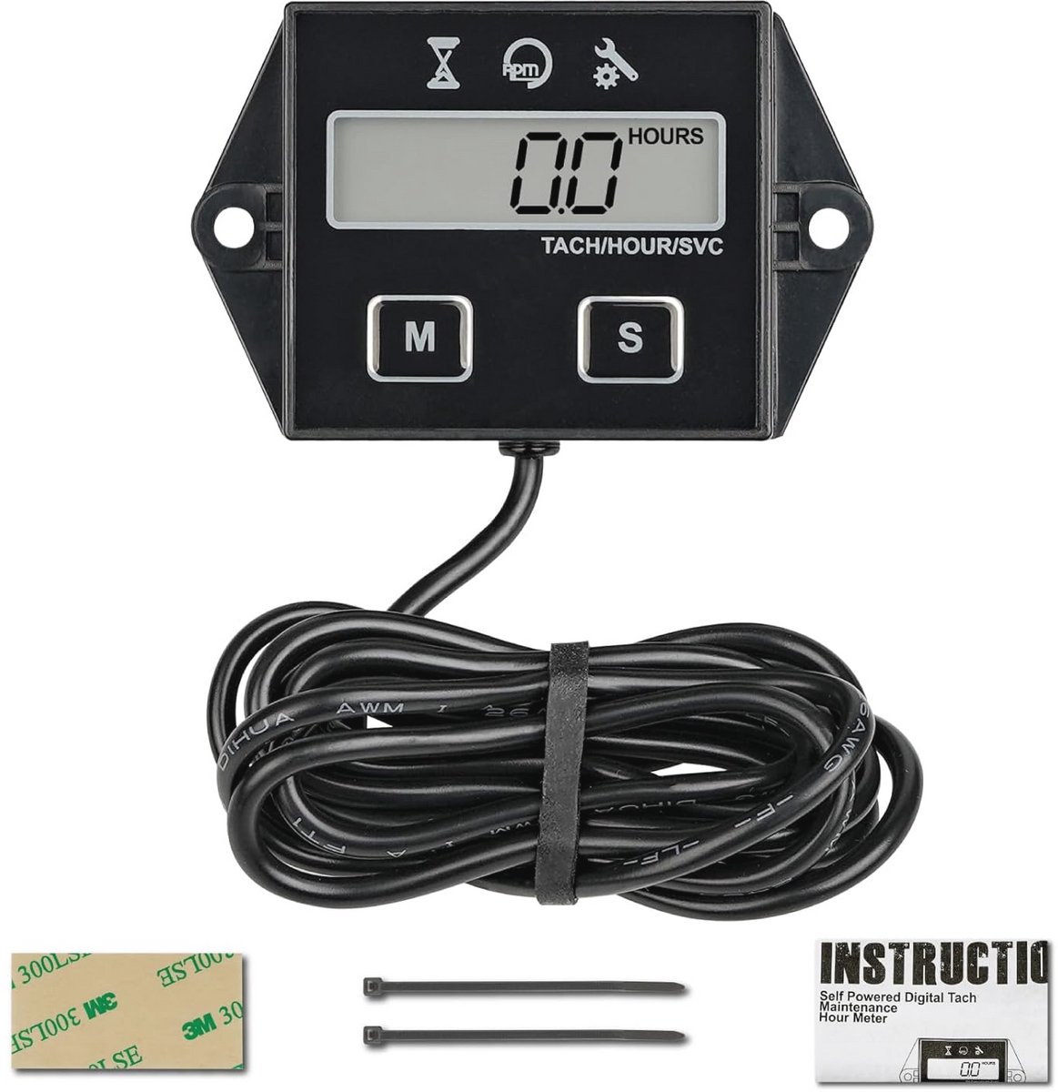 Inductieve Tachymeter met Aftellende Uurteller voor Motoren - Digitale Snelheidsmeter en Onderhoudsindicator voor Grasmaaiers, Trimmers, en Meer