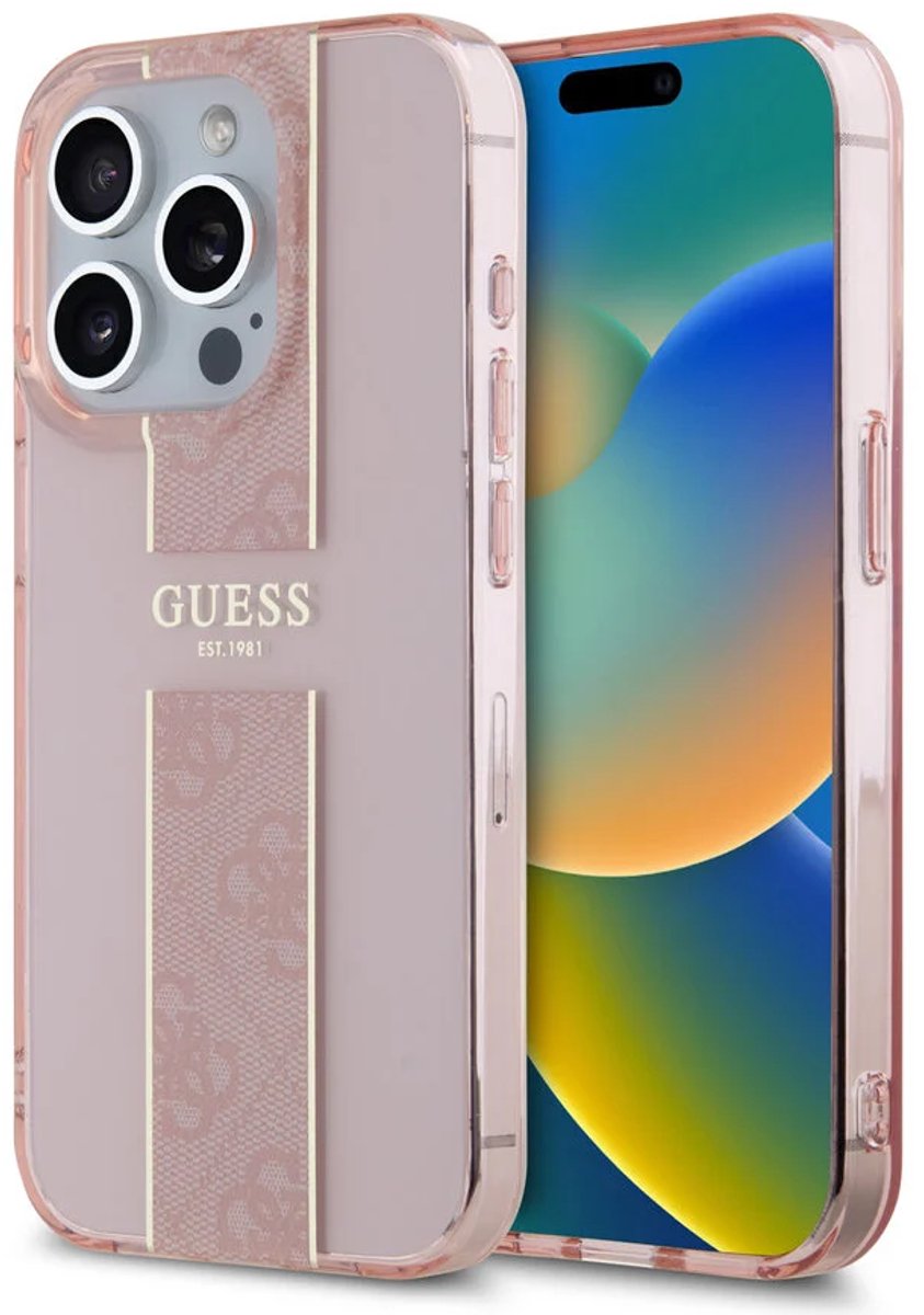 Guess iPhone 15 Pro Backcover hoesje IML 4G Stripe - Roze