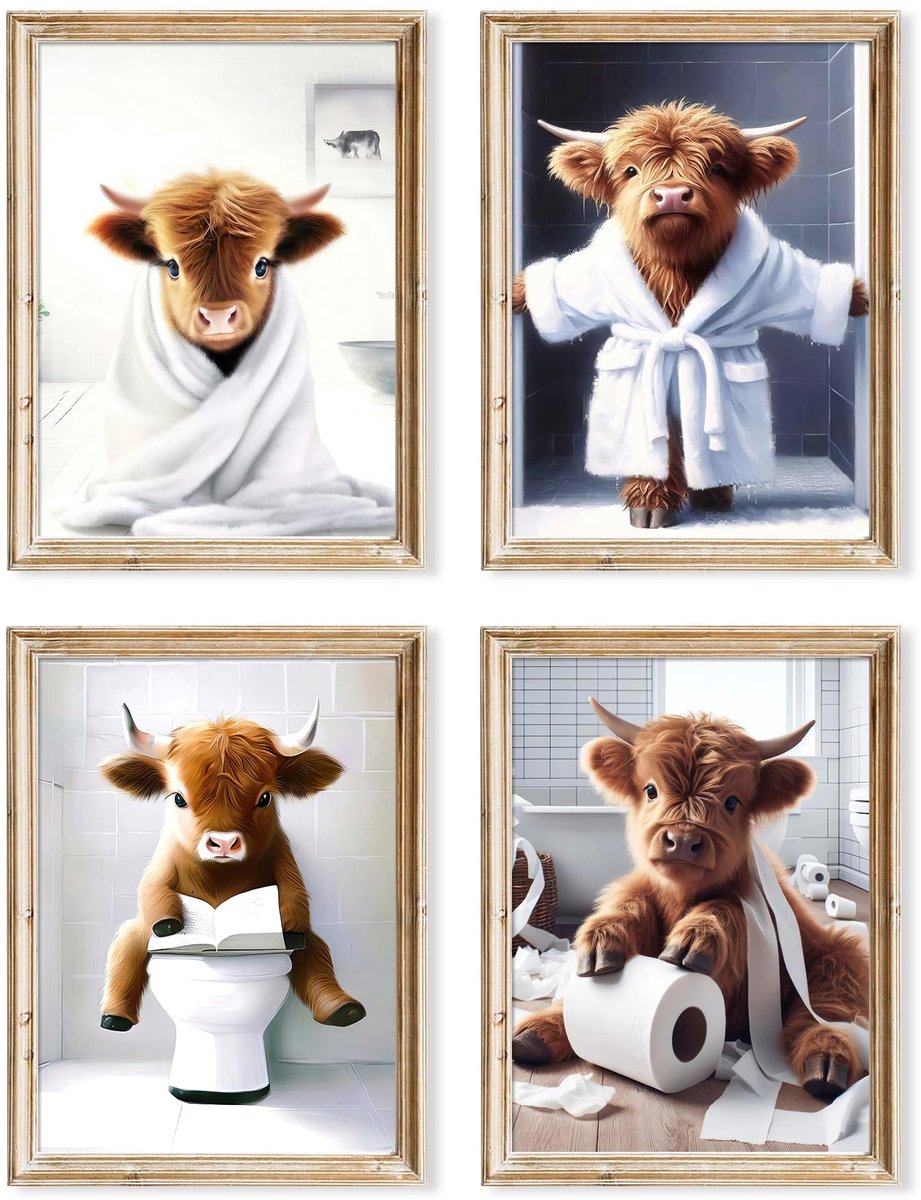 Unyqoos Grappige Badkamer Wanddecoratie Schotse Hoogland Koeien Canvas A4 Formaat Bruin