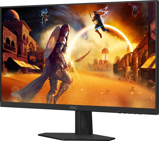 Zwarte AOC 23,8 inch gaming monitor met een QHD 180Hz display. Resolutie QHD, 180Hz, 1ms GTG, G-SYNC, HDR10.