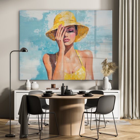 MuchoWow® Peinture sur verre 160x120 cm - Peinture sur verre acrylique - Peinture - Femme - Chapeau - Jaune - Photo sur verre - Décoration murale salon - Décoration murale chambre - Peintures