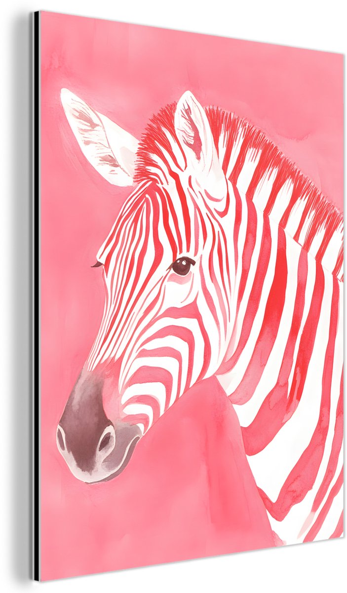 Aluminium schilderij 60x80 cm - Wanddecoratie metaal - Zebra - Pink - Verf - Metalen muurd