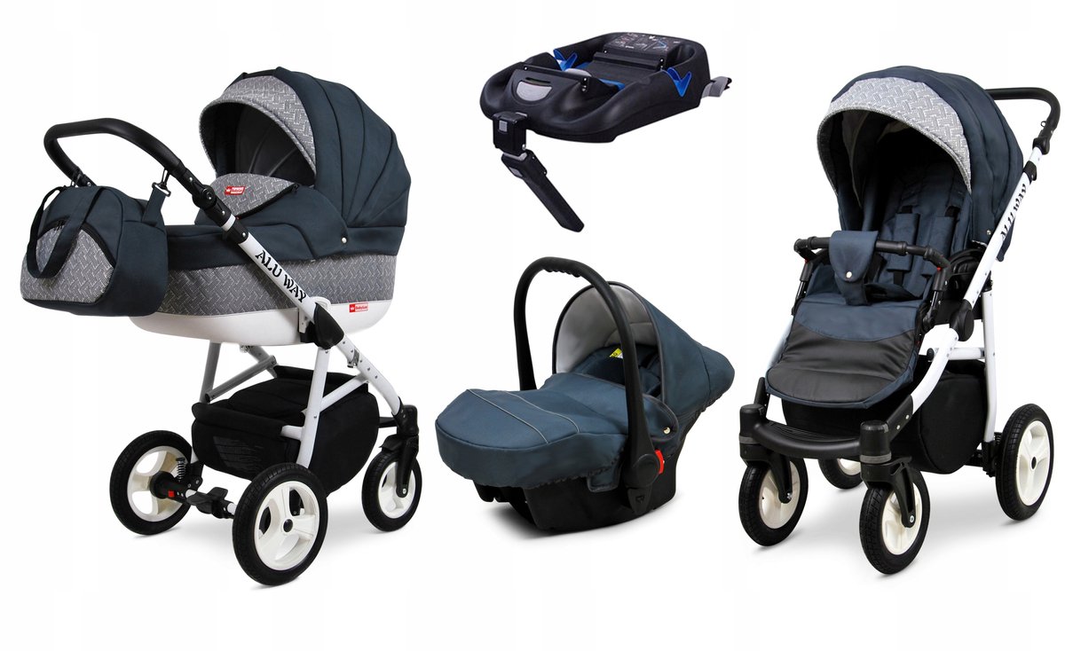 BabyLux® Kinderwagen 4in1 – ALUWAY - DARK GREY - Opklapbare Wandelwagen incl. Reiswieg, Multifunctionele Buggy Sportstoel, Autostoel, ISOFIX basisstation - Combi-kinderwagen met Luiertas, Regenhoes, Klamboe