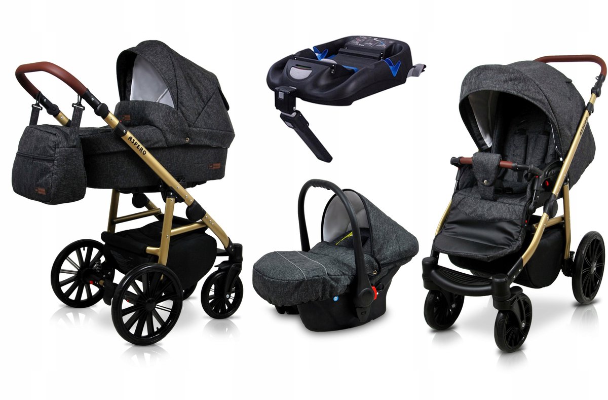 BabyLux® Kinderwagen 4in1 – ASPERO - BLACK FLEX - Opklapbare Wandelwagen incl. Reiswieg, Multifunctionele Buggy Sportstoel, Autostoel, ISOFIX basisstation - Combi-kinderwagen met Luiertas, Regenhoes, Klamboe