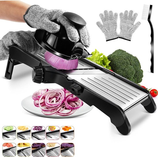 Masthome Mandoline snijmachine, 3-in-1 mandoline groentesnijder en hakmolen, verstelbare keuken voedsel Julienne Cutter voor aardappelchips ui-stuur veiligheidshandschoenen en reinigingsborstel