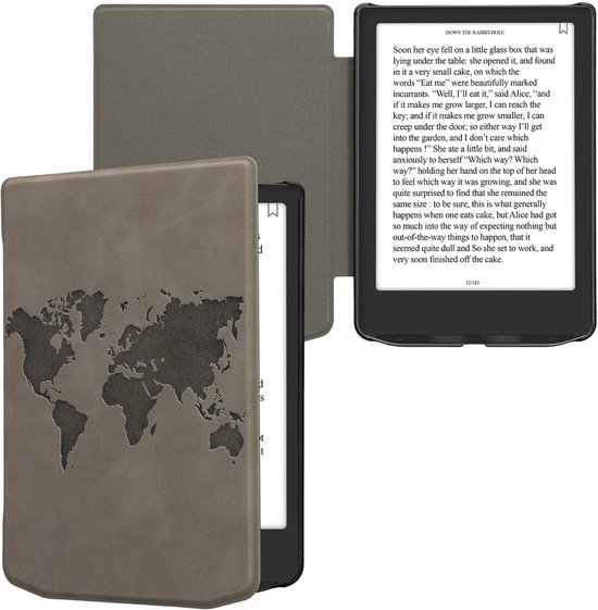 kwmobile e-reader hoesje geschikt voor Pocketbook Verse / Verse Lite / Verse Pro / Color / Vivlio Light/Light HD hoes - Ereader flip case met standaard - Kunstleren e reader cover - Wereldkaart design in grijs van Merkloos — afbeelding 4