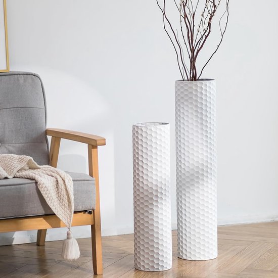 Grote Metalen Hoge Witte Vloervaas - 70/55 cm - Moderne Honingraat Textuur - Set van 2 - Bloemen Vaas voor Woonkamer en Eetkamer