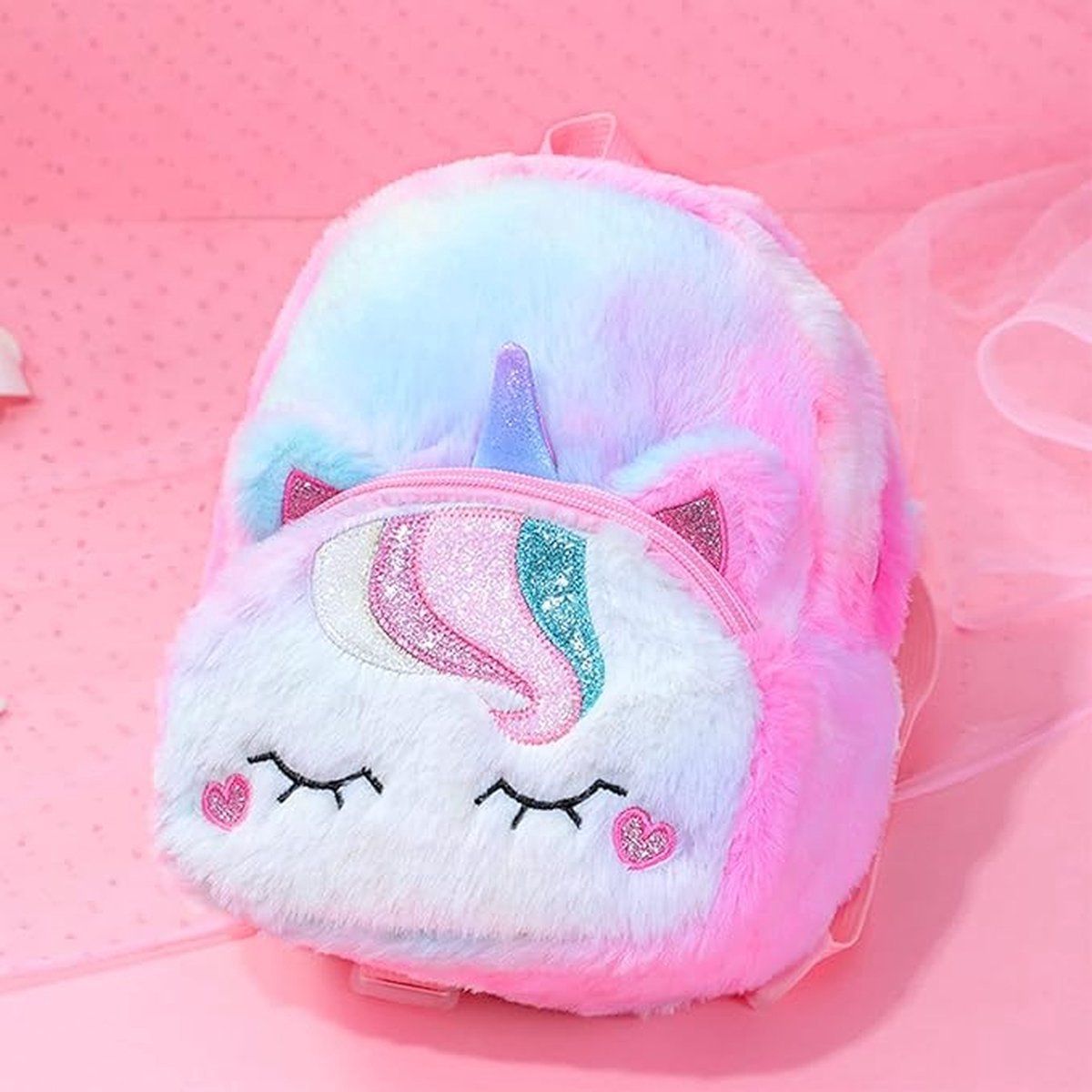 Joya Kids® Unicorn Rugzak Licht Roze met Regenboog Kuif | Fluffy Kinderrugzak | Eenhoorn Backpack | Grote Ogen | Regenboog Eenhoorn – foto 6