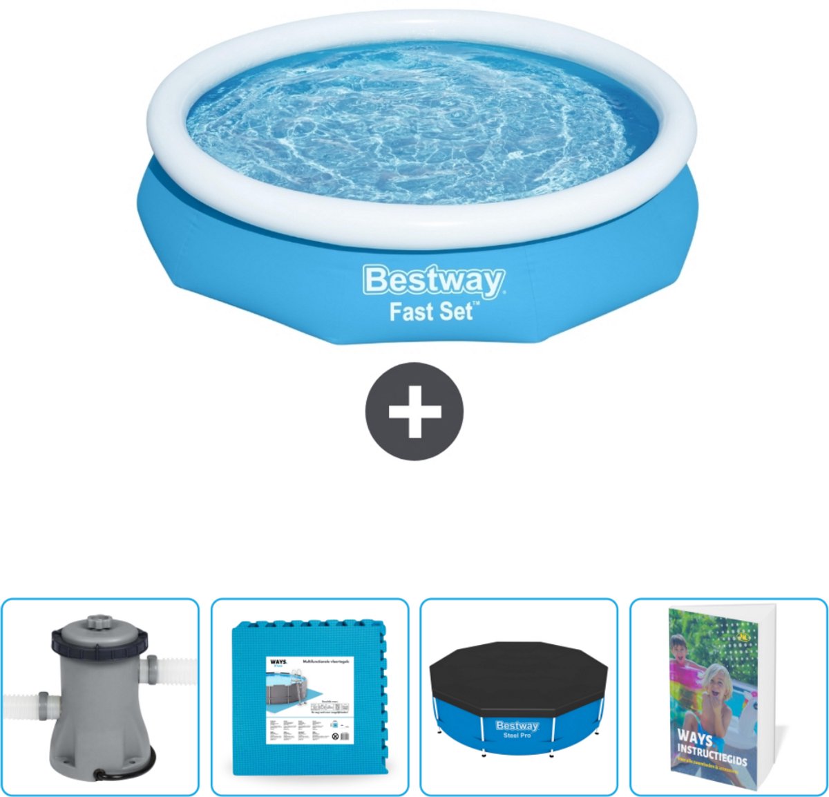 Bestway Rond Opblaasbaar Fast Set Zwembad - 305 x 66 cm - Blauw - Inclusief Pomp Vloertegels - Afdekzeil - Zwembadgids