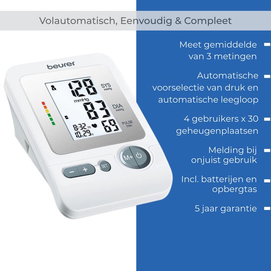 Witte Beurer bloeddrukmeter met digitaal display dat SYS, DIA en PULSE weergeeft, naast tekst over de functies.