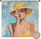 Wandkleed 150x150 cm - Wanddoek Schilderij - Vrouw - Hoed - Geel - Wandtapijt - Wandkleden