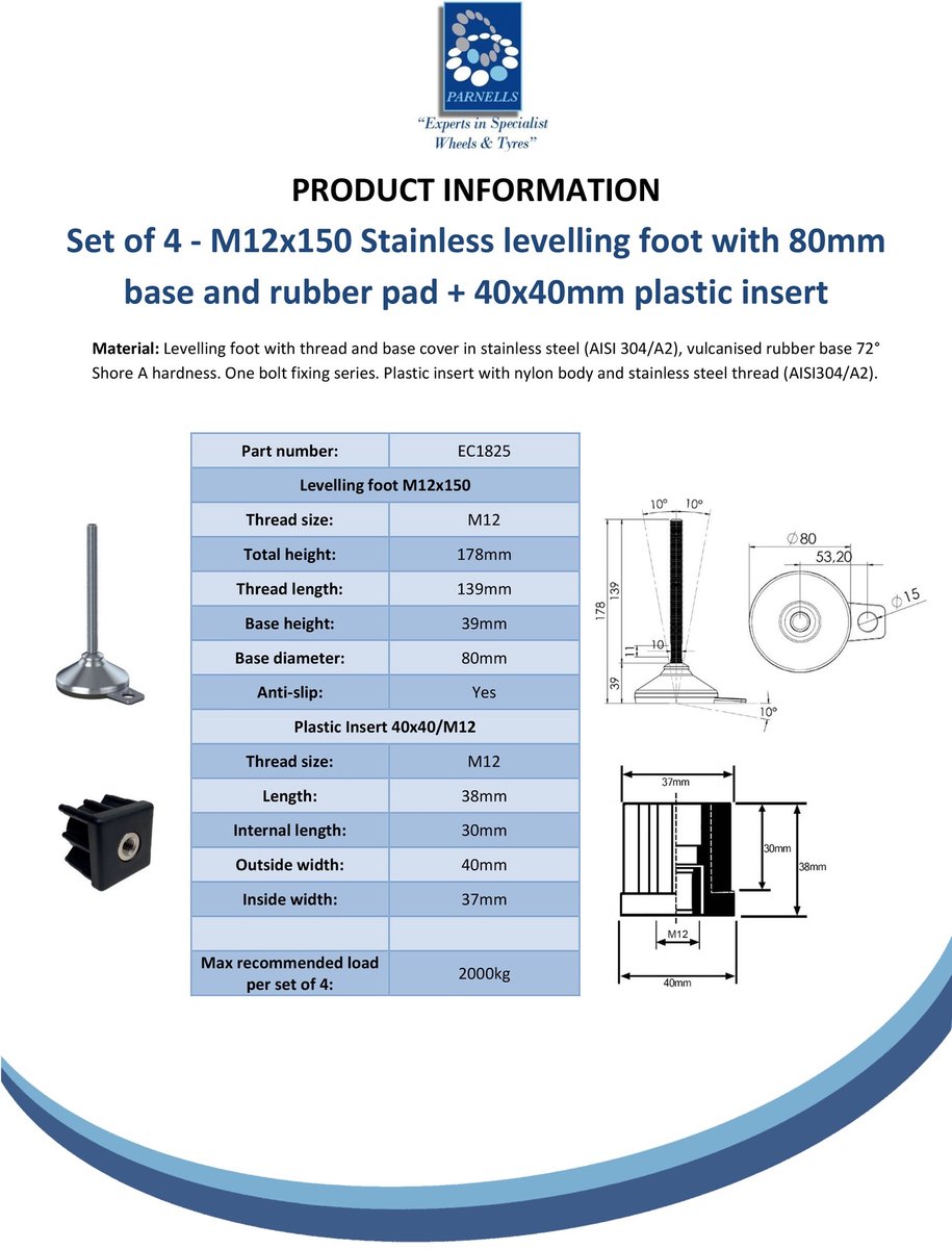 Roestvrijstalen voet M12x150 met voetplaat van 80 mm, onderlegplaatje en bevestigingsgat + inzetstuk 40x40x1,5 mm – Set van 4