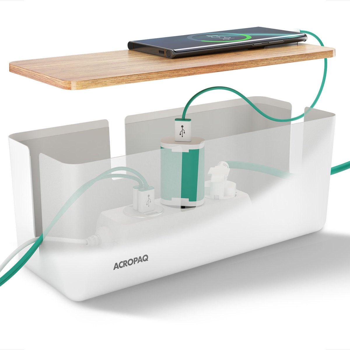 ACROPAQ Kabelbox – Medium (30 x 12 x 11,5 cm), Met Bamboe Deksel, Anti-lip, Wit – Kabelbox voor snoeren wegwerken, Cablebox, Kabelopbergdoos