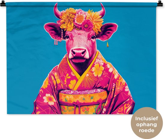 Wandkleed 90x67.5 cm - Wanddoek Koe - Bloemenkrans - Oorhangers - Kimono - Wandtapijt - Wandkleden