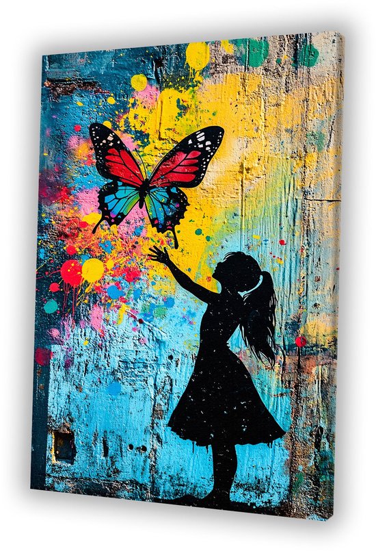 Kleurrijke vlinder en silhouet meisje - Vlinder canvas schilderijen - Kunstwerk meisje - Street Art - Klassiek schilderijen - Muurdecoratie - canvas 80x120 cm