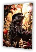 Schattige egel in herfstomgeving - Egel schilderijen canvas - Canvas dieren - Hyperrealisme - Wanddecoratie kinderkamer - Slaapkamer decoratie - canvas 75x100 cm