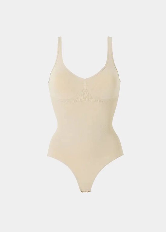 Beige bodysuit met V-hals en een gedetailleerd inzetstuk op de borst.