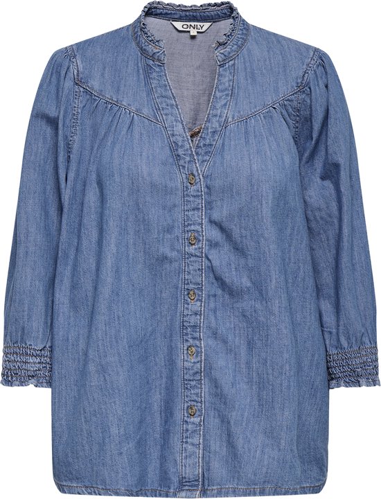 Spijkerblouse met opstaande kraag, smockdetails en driekwartpufmouwen. Jeansblauw.