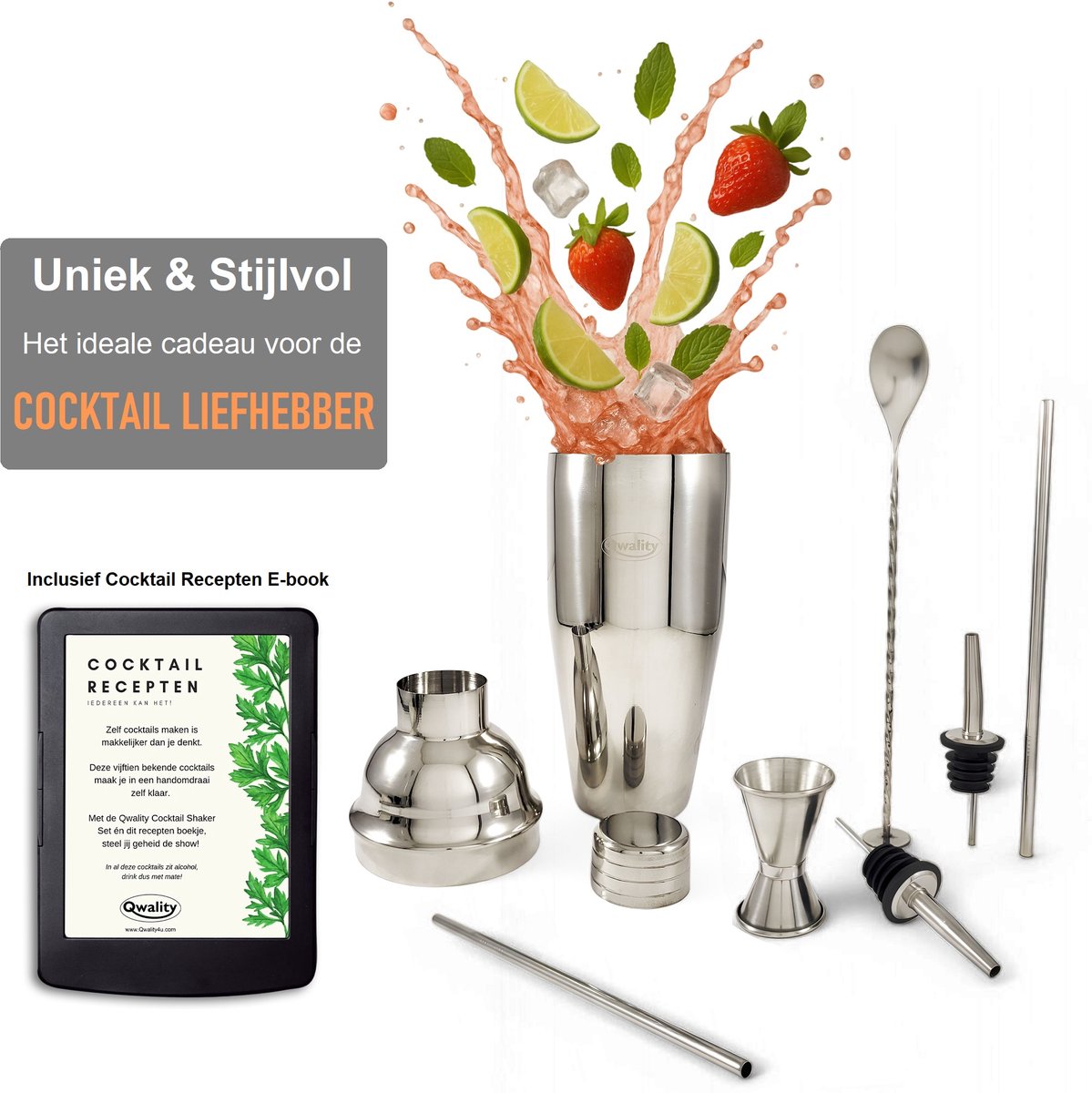 Cocktail Shaker Set (750 ml) - Cocktail Set - Luxe Cadeau voor hem of haar - Cocktailset - Zilverkleurig - Qwality® — cadeau in Kookcadeaus - foto 3