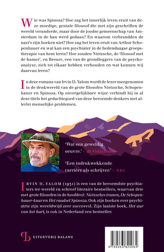 Achterkant boek met portret van Irvin D. Yalom, tekst en berglandschap.