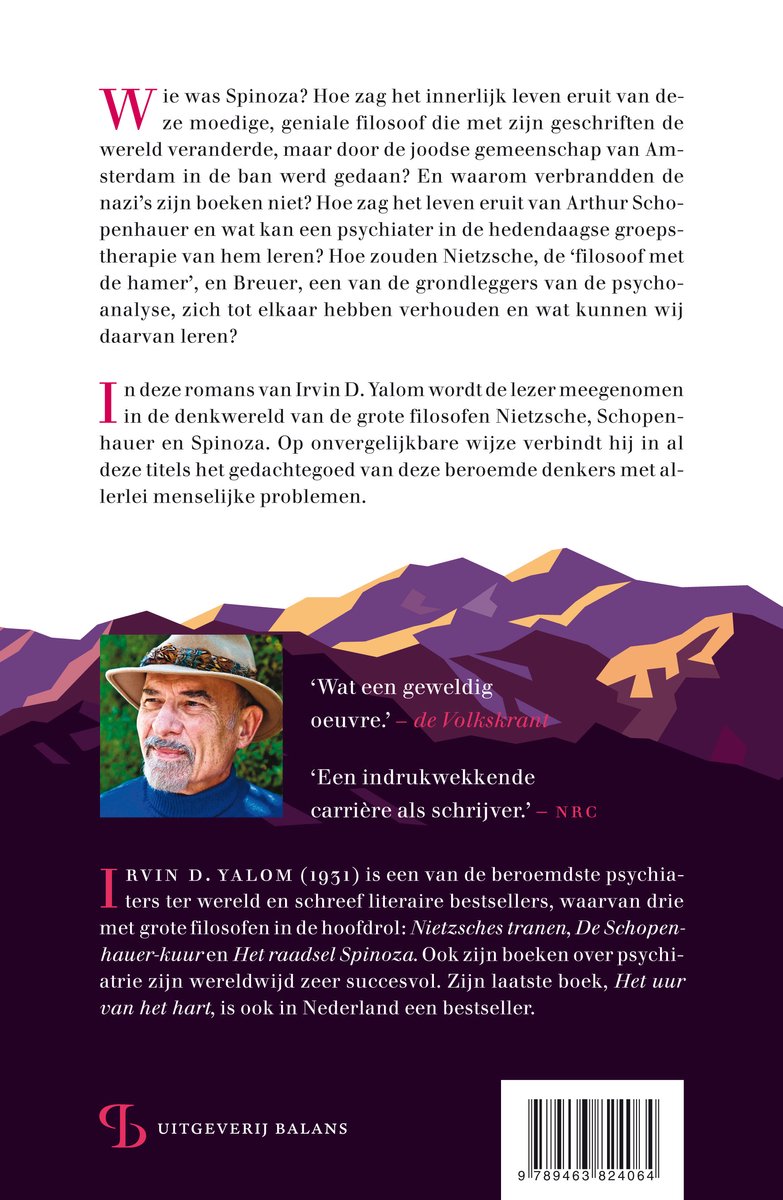 Achterkant boek met portret van Irvin D. Yalom, tekst en berglandschap.