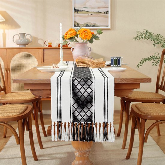 Chemin de table bohème en coton et lin avec pompons - 35 x 200 cm - Nappe tissée épaisse à carreaux en forme de losange - Chemin de table style ferme - Convient pour décoration de fête, de mariage, d'anniversaire, de restaurant ou de cuisine.